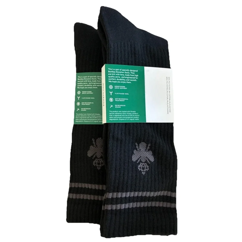 BOMBAS Socks Men's XL Black Gray Stripe Calf‎ Logo (US 13.5-16) NEW Lot Of 2